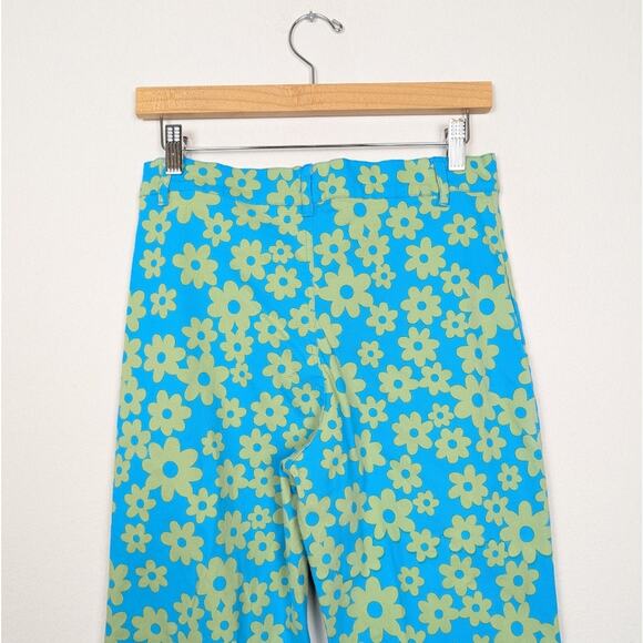 Motel Zoven Blue & Green Retro Daisy Print Flared Trousers Size M - Picture 6 of 11
